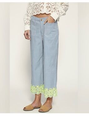 Anthropologie Maeve Colette Wide-leg Cropped Pants with Embroidered Hem